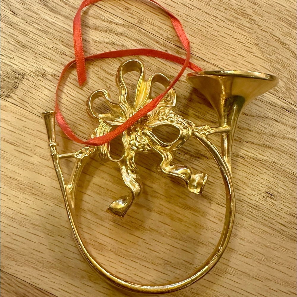 Lenox Kirk Stieff Mount Vernon Gold French Horn Ornament with Red Ribbon